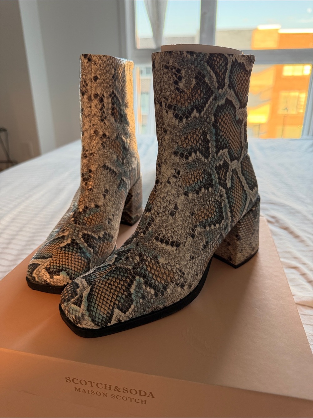 Scotch & Soda Snake-Print Block Heel Ankle Boots - Beige & Black